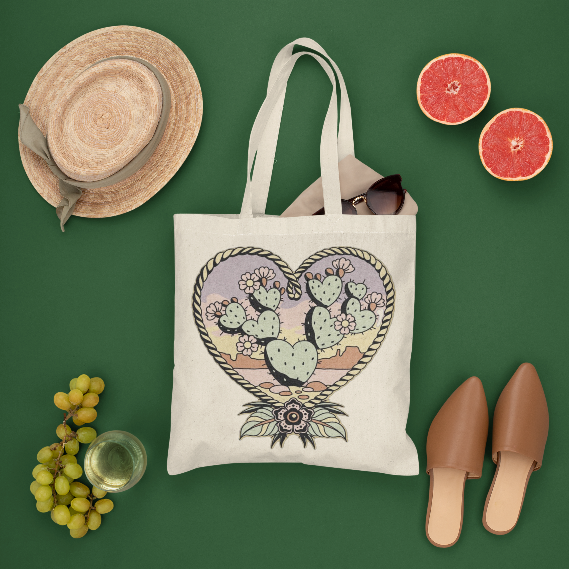 Tote bag beige corazón de cactus con flor