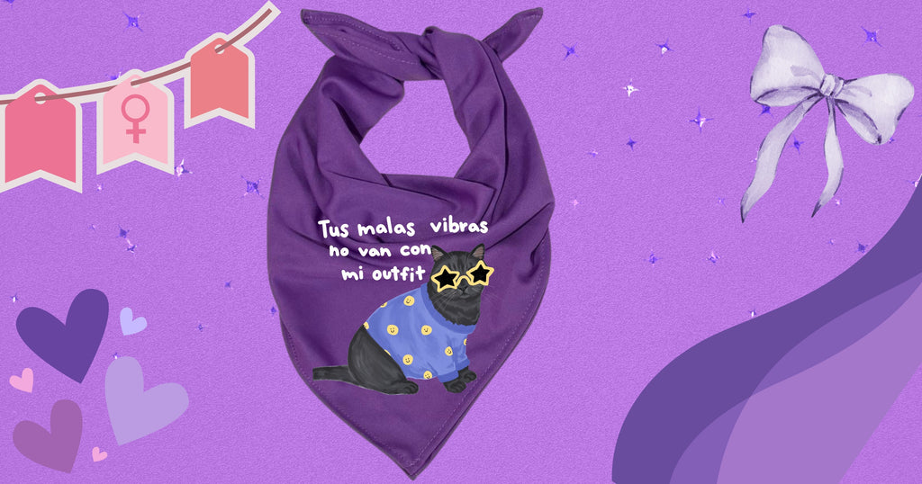 Pañuelo morado 8M💜 , tela Bombay premium. Impresión DTF tus malas vibras no van con mi outfit