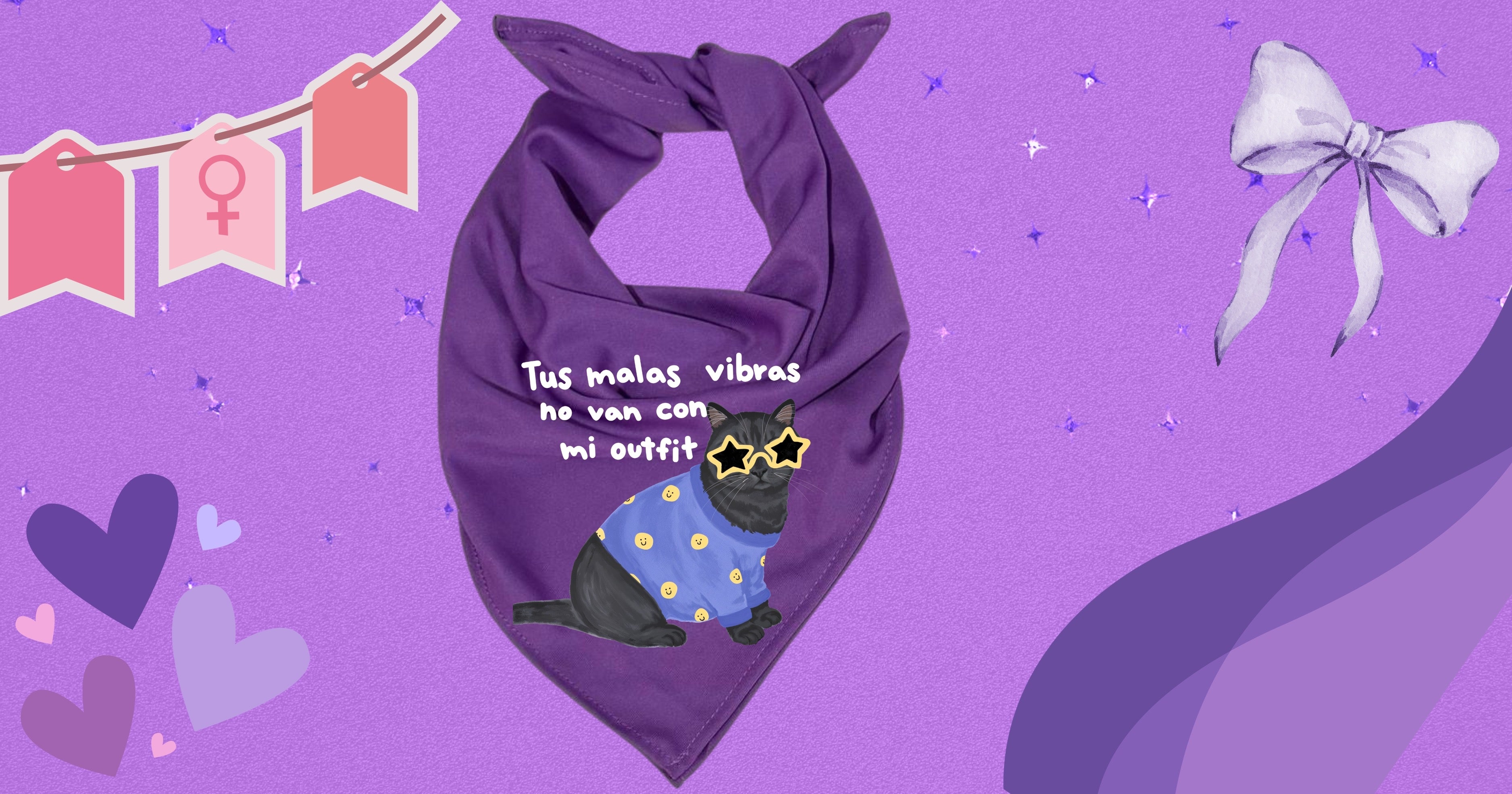 Pañuelo morado 8M💜 , tela Bombay premium. Impresión DTF tus malas vibras no van con mi outfit