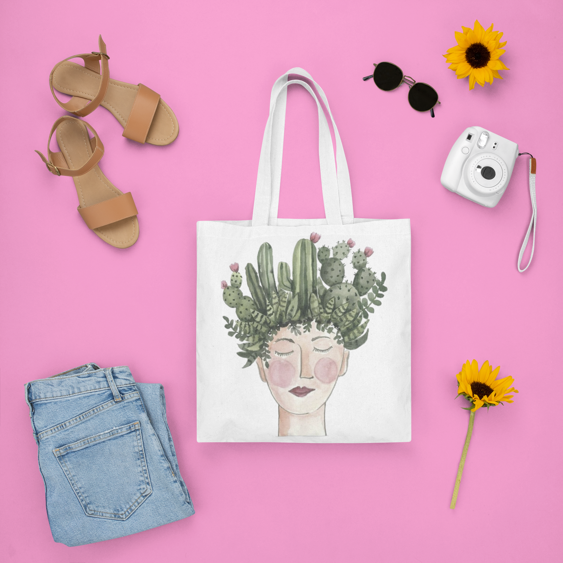 Tote bag blanca cabeza cactus