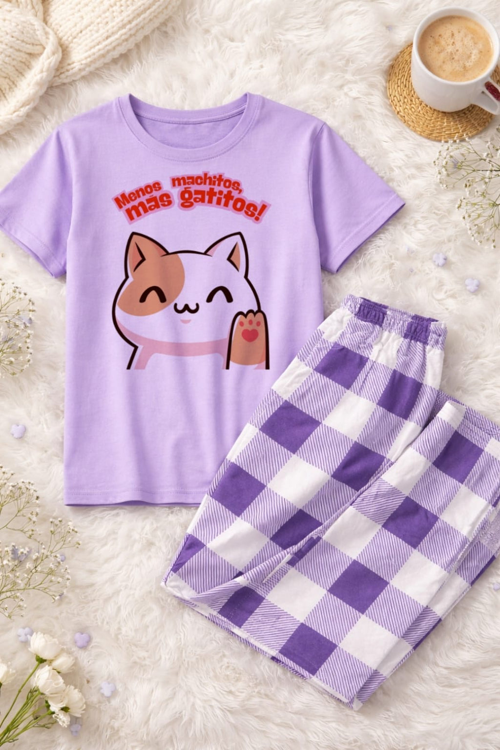 Pijama lila menos machitos más gatitos.