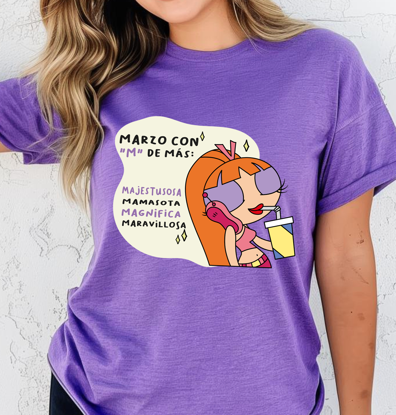 Blusa morada, Marzo con M, bombón.