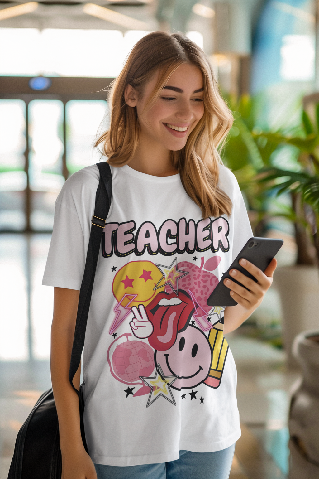 Playera blanca teacher lengua carita feliz