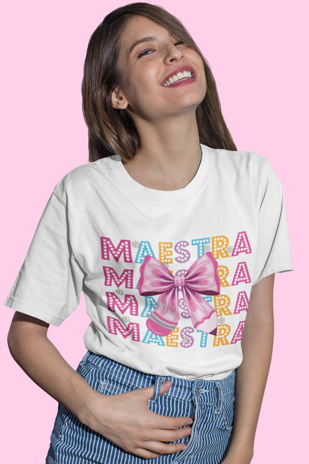 Playera blanca maestra moño lápiz
