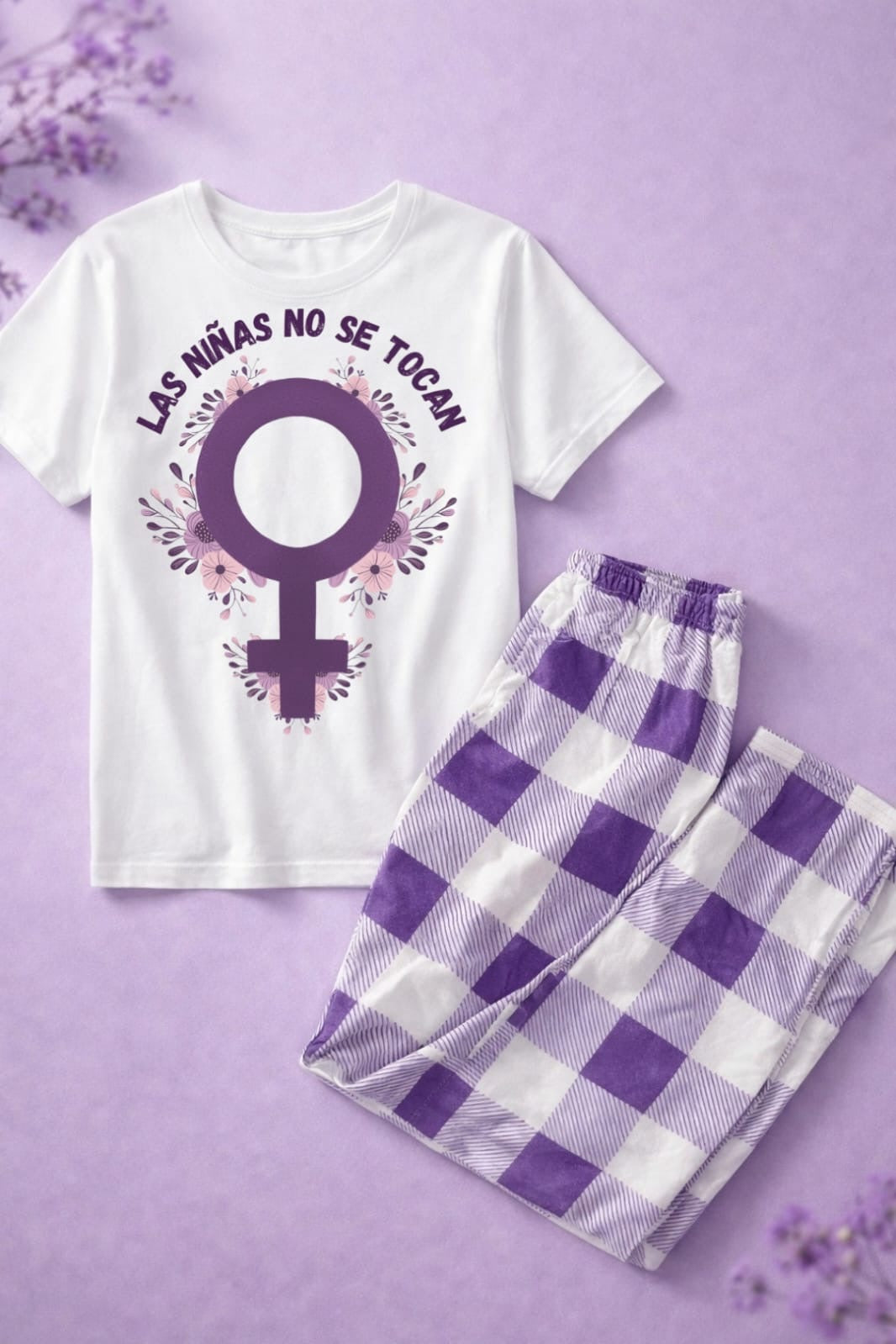 Pijama blanca y lila las niñas no se tocan