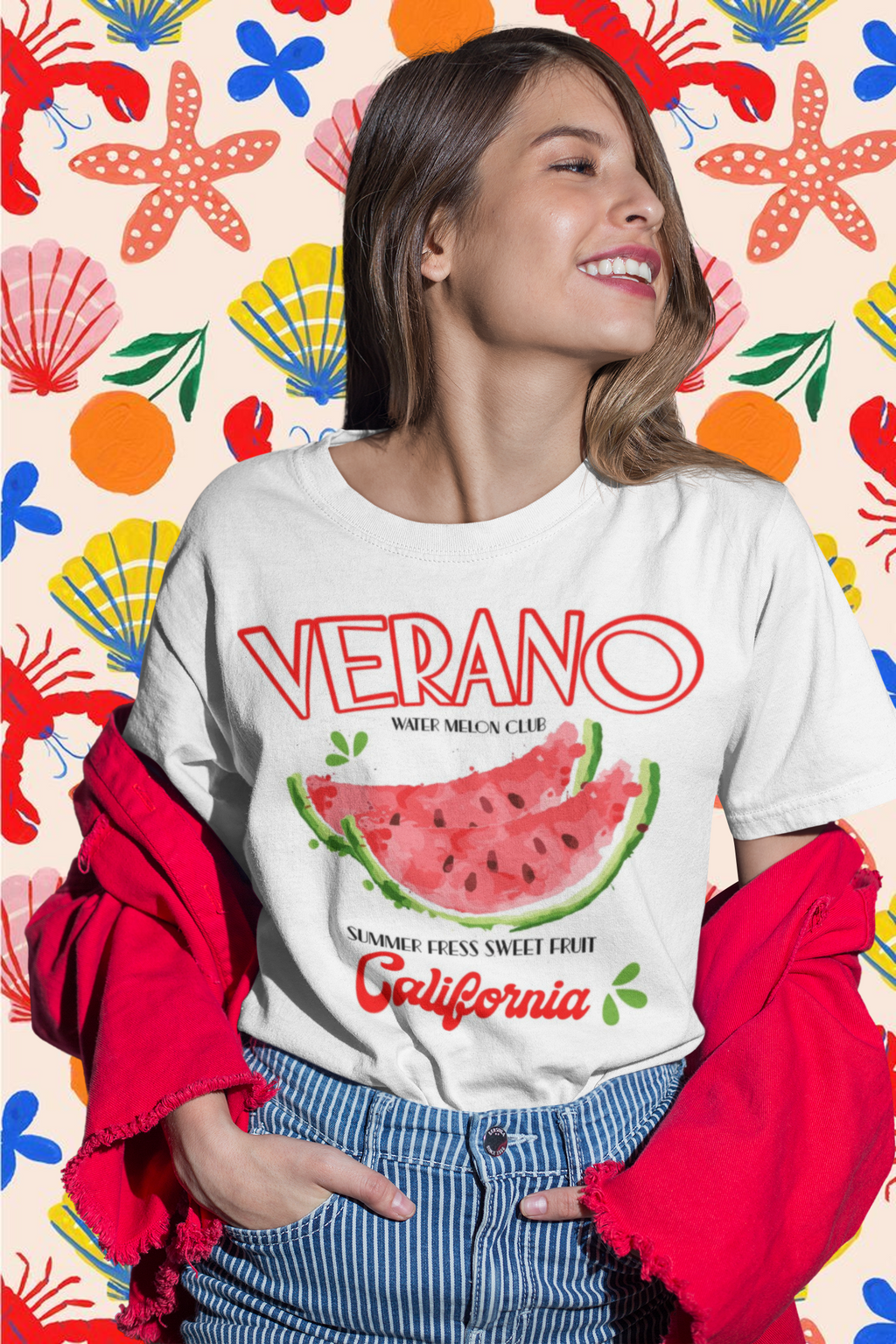 Playera blanca verano sandía