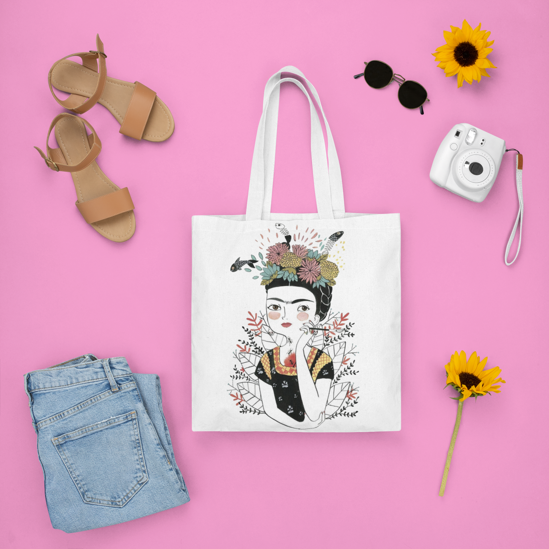 Tote bag blanca Frida caricatura