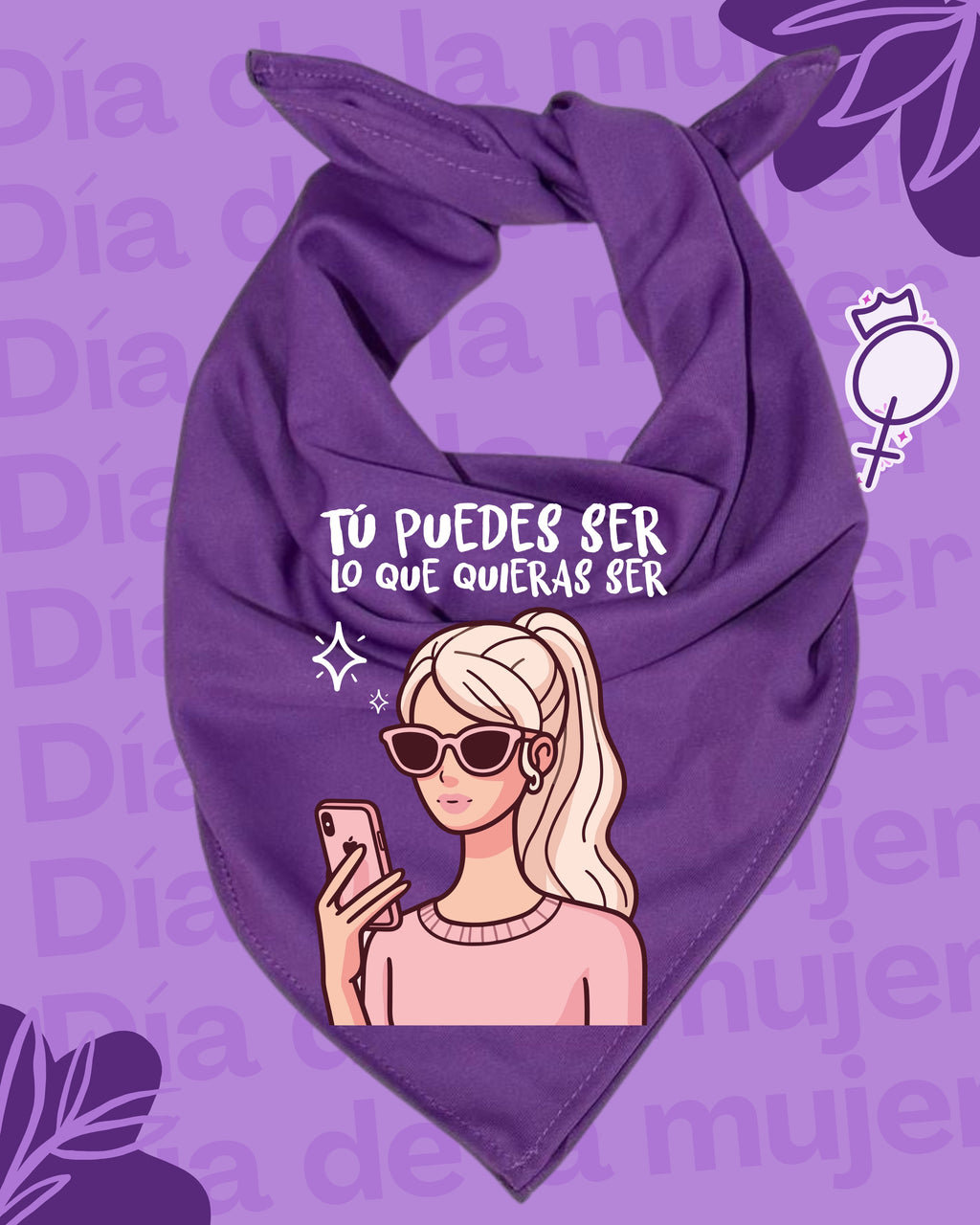 Pañuelo morado 8M💜 , tela Bombay premium. Impresión DTF tú puedes ser lo que quieres ser.