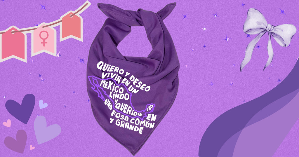 Pañuelo morado 8M💜 quiero y deseo vivir en un México lindo  , tela Bombay premium.