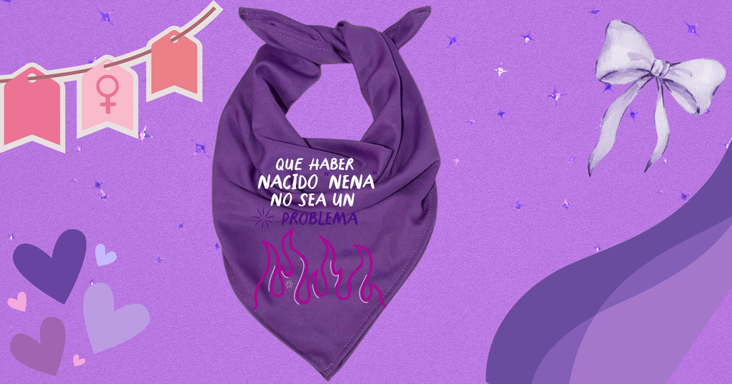 Pañuelo morado 8M💜 , tela Bombay premium. Que haber nacido nena no sea un problema