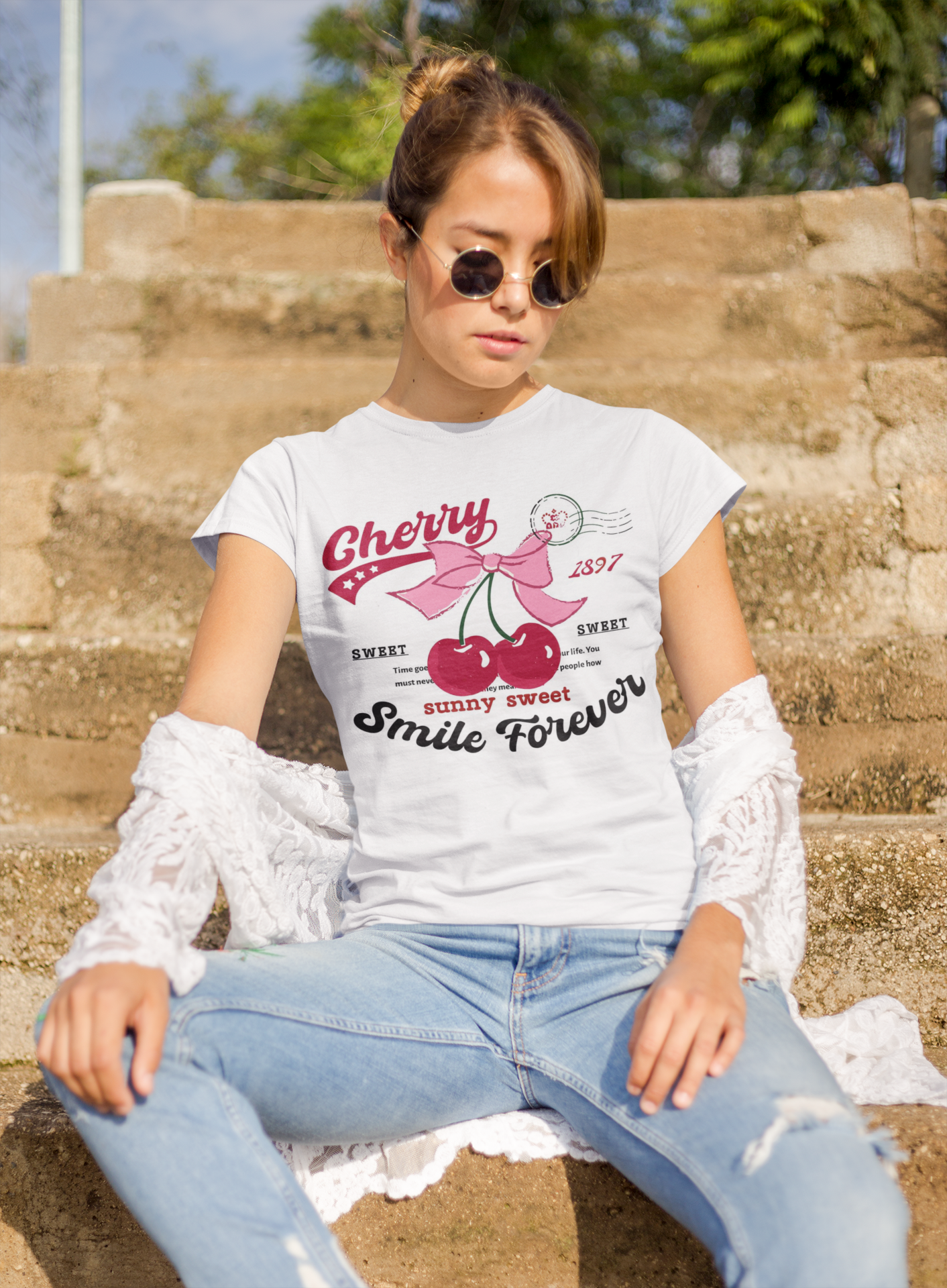 Playera blanca cherry smile forever