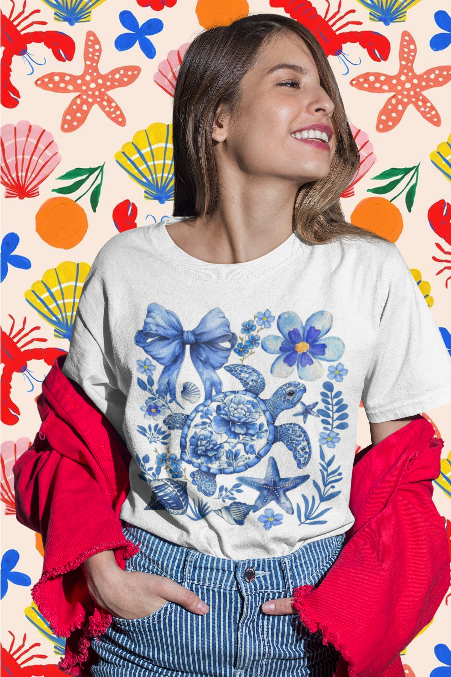 Playera blanca tortuga moño azul
