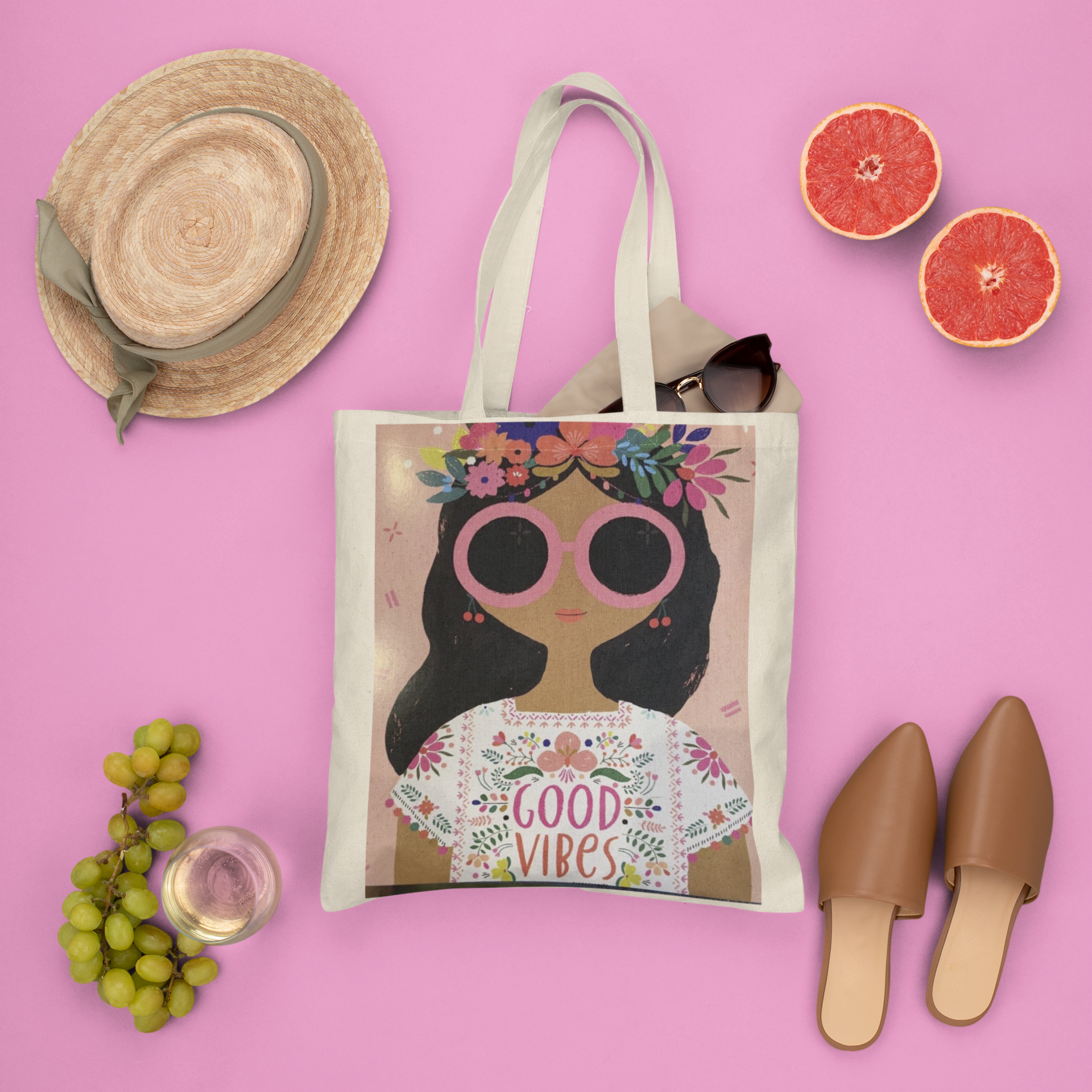Tote bag beige chica lentes mexicana good vibes
