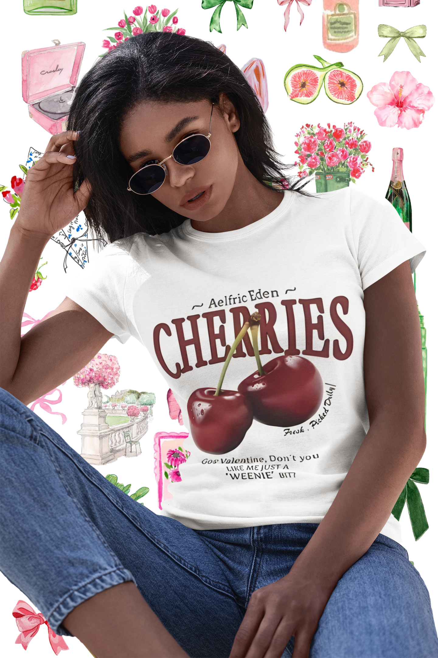 Playera blanca de moda cherries